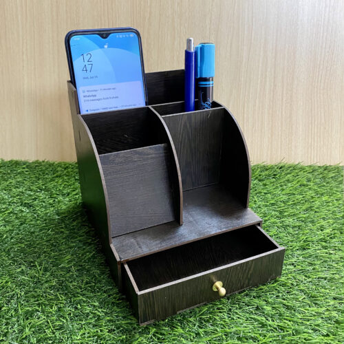 Desk Organizer 4 Compartments and Mobile Stand - Elegant Wooden Table Organizer for Office and Home Use