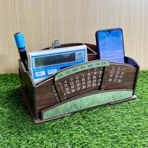 Desk Organizer with Lifetime Calendar, and 4 Compartments - Elegant Wooden Table Organizer for Office and Home Use