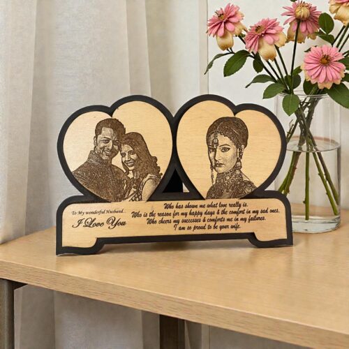 Personalized Engraved Wooden Double Heart Photo Frame