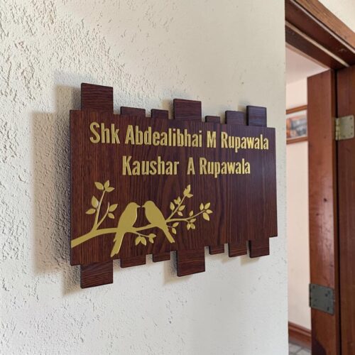 Door Name Plate Wood Brown with Golden Latter Customize Name Plate for Home - 0220