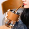 Glass Water Cups With Lids And Straws, Ice Tea Tumbler With Leather Sleeve, Glass Coffee Mugs 400ml