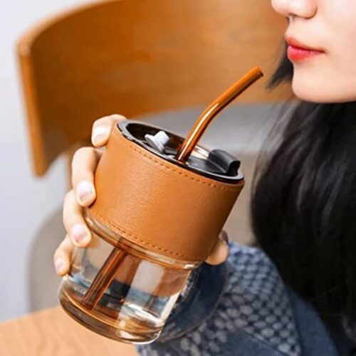 Glass Water Cups With Lids And Straws, Ice Tea Tumbler With Leather Sleeve, Glass Coffee Mugs 400ml