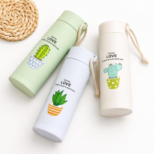 Cactus Love Print Glass Water Bottle 450 ML, Borosil Glass Water Bottle, Borosilicate Glass Bottle with Silicone Sleeve & Cover