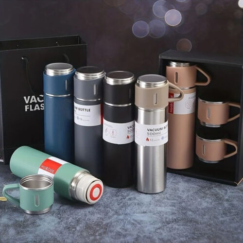 Stainless Steel Thermos 500ml Vacuum Insulated Bottle with 3 Cup for Coffee Hot Drink and Cold Drink Water Flask | Vacuum Flask Set with 12Hrs cold & Hot