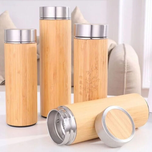 Bamboo Water Bottle 550 ml | Custom Name Engraved Insulated Stainless Steel Bottle with Real Bamboo Exterior | Eco-Friendly Leakproof Bottle | Corporate Gift