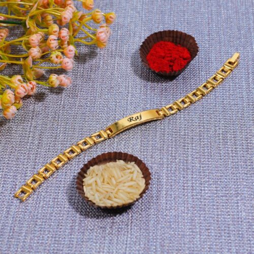 Personalised Bracelet For Man in Golden - Custom Name Engraving Adjustable Bracelet For Men & Boys | Personalized Premium Rakhi with name