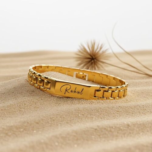 Personalised Premium Bracelet For Man in Golden - Custom Name Engraving Adjustable Bracelet For Men & Boys | Personalized Premium Rakhi with name