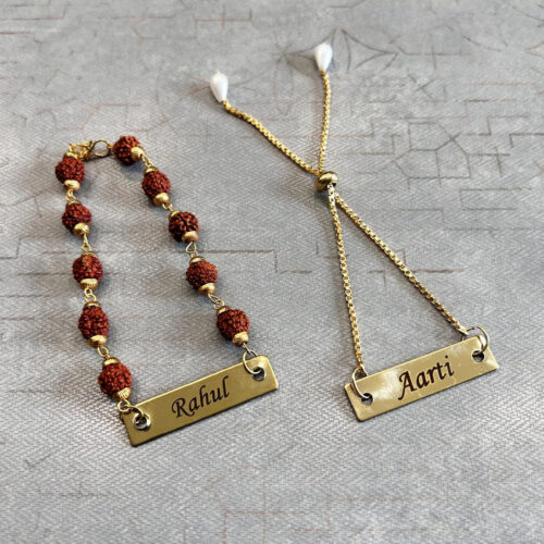 Personalized Bhaiya & Bhabhi Rakhi Set | Rudraksh Rakhi with Pearl Lumba Rakhi with Name